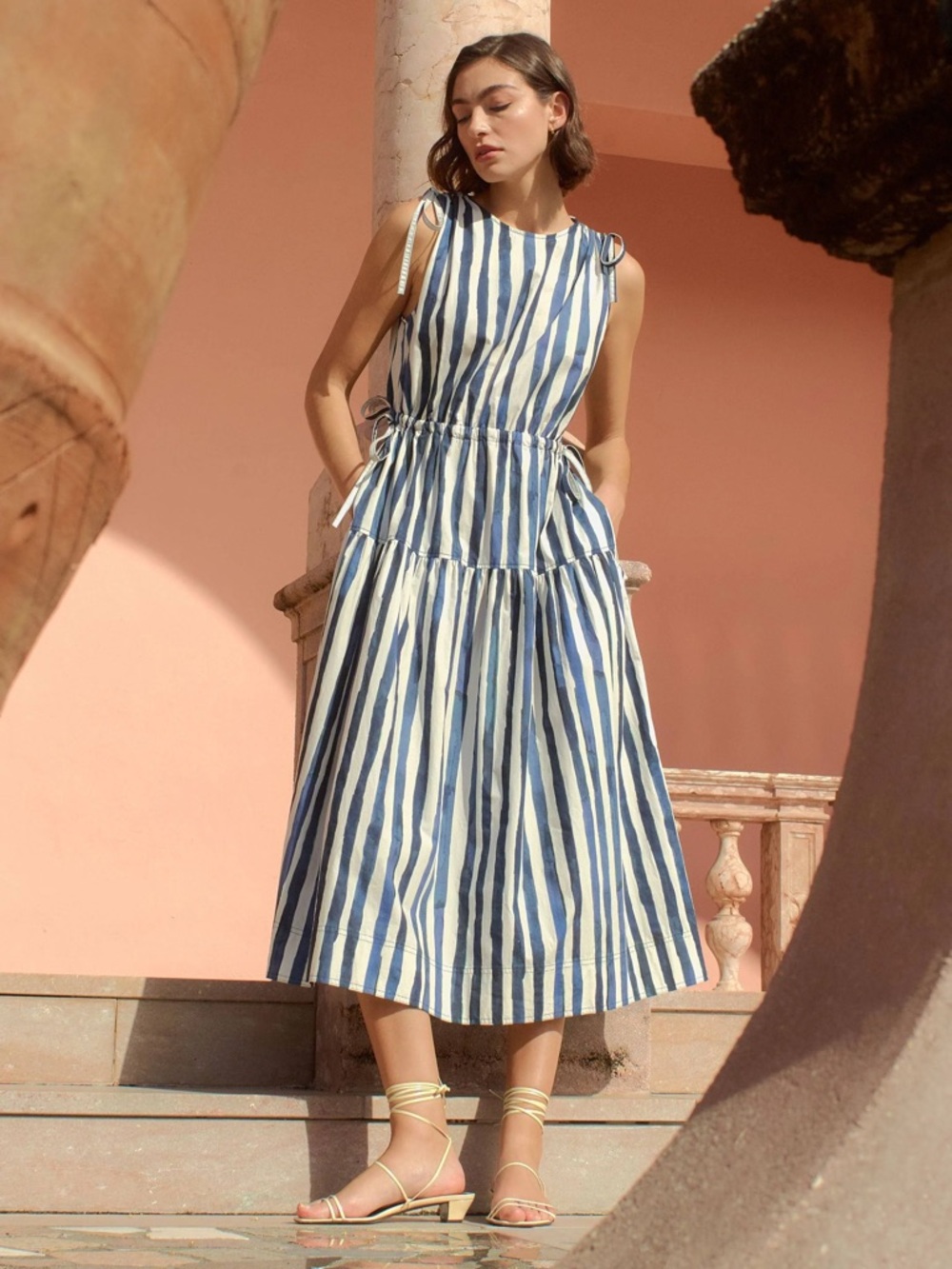 Marie Oliver Elenora Striped Midi Dress Sleeveless Blue White Size XXS